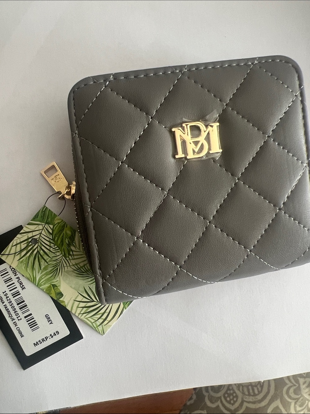 Badgley Mischka Quilted Gray Women's Wallet with Gold Logo Accent